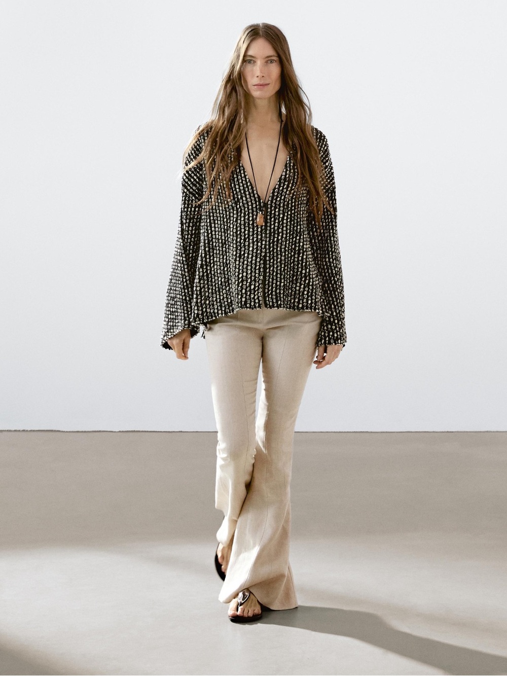 FLARED TROUSERS WITH CONTRAST WAIST size 2 US BEIGE